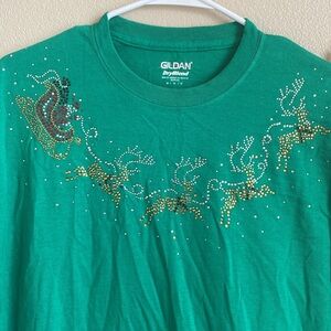 Gildan DryBlend Christmas Santa with Reindeer Bedazzled‎ Tee Shirt